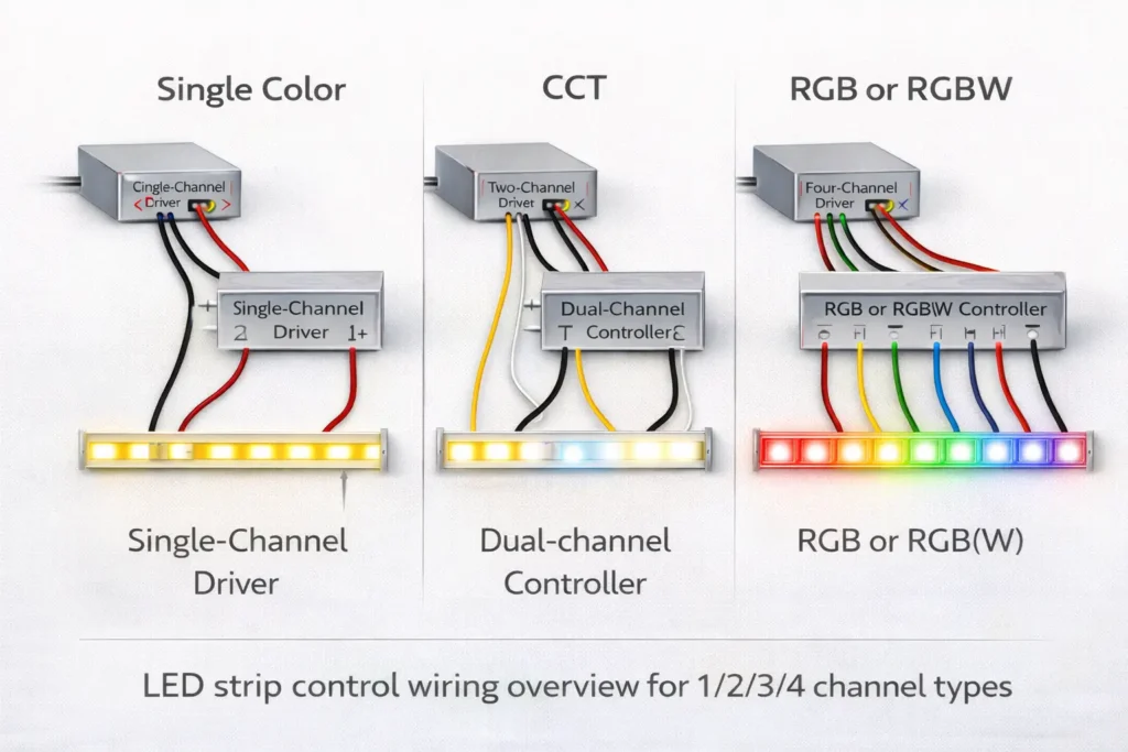 LED strip control wiring overview for single color, CCT, and RGB/RGBW channels 