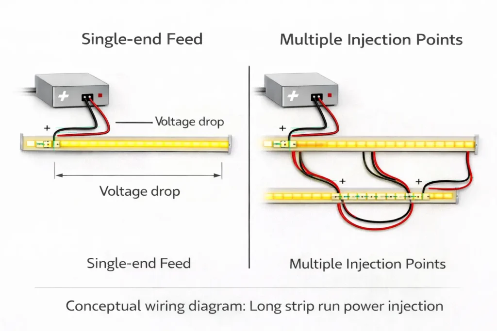 Power injection layout diagram showing single-end feed vs multi-point feed