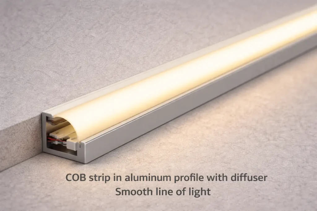 COB strip installed in an aluminum profile with diffuser showing a clean line-of-light finish
