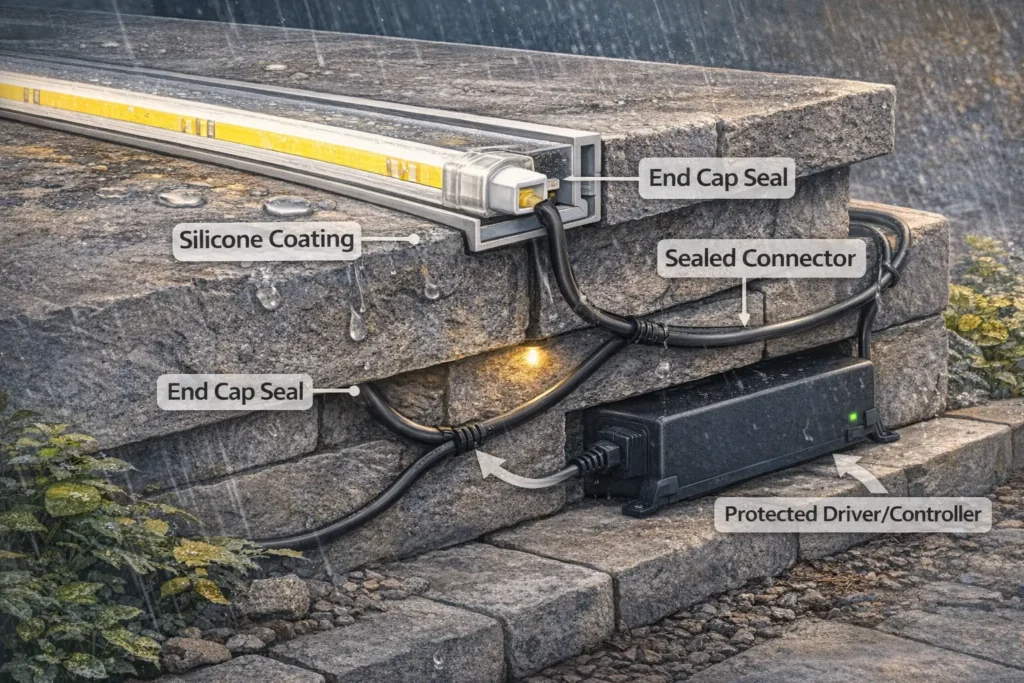  Outdoor installation schematic showing strip in a channel/profile, sealed end terminations, cable routing away from drip paths, and protected driver/controller placement
