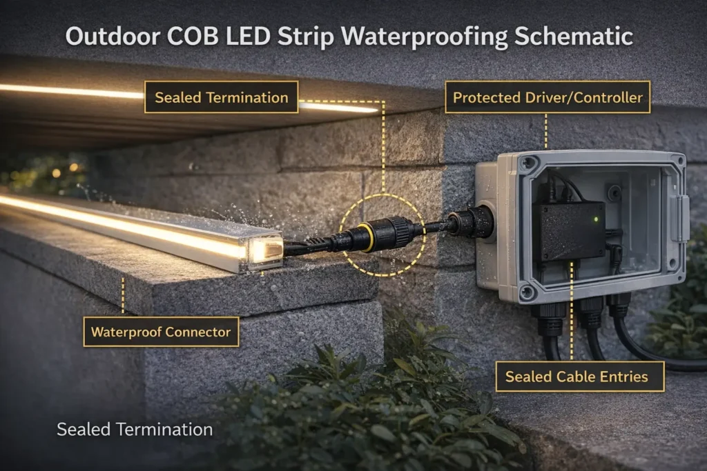 System-level schematic showing outdoor COB strip, sealed terminations, connectors, driver/controller inside protected enclosure, and sealed cable entries