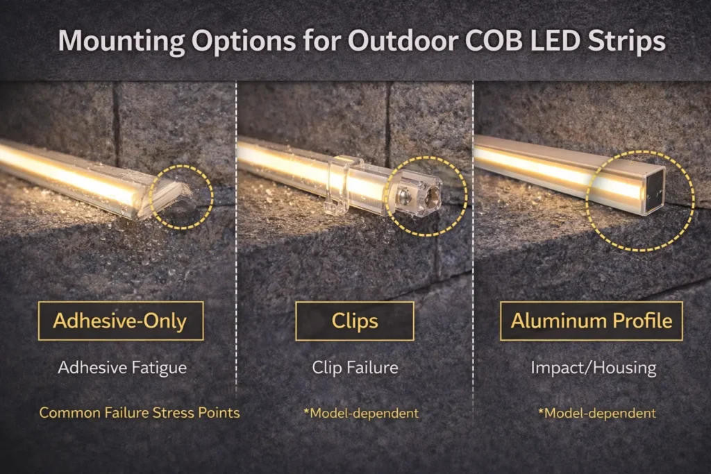 Mounting concept visual comparing adhesive-only mounting vs clips vs aluminum profile/channel retention outdoors