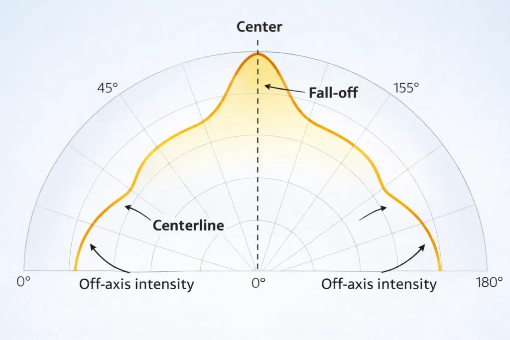 Annotated polar distribution curve showing “center,” “fall-off,” and “off-axis intensity