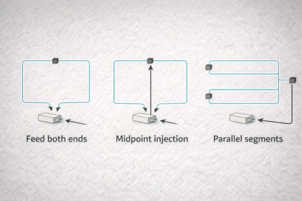 Simple wiring topology diagram showing both-ends feed, midpoint injection, and parallel-fed segments