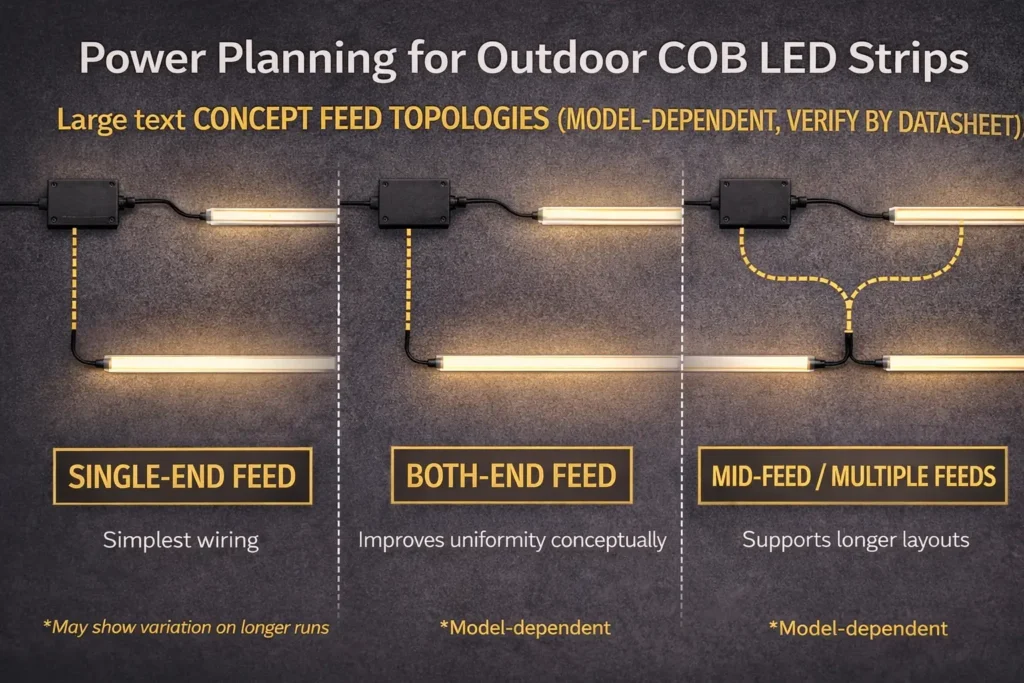 Concept power-feed topology diagram showing single-end feed vs both-end feed vs mid-feed for longer outdoor strip runs