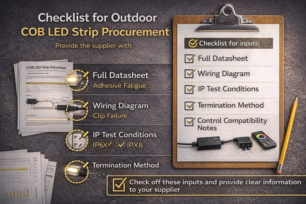 Procurement checklist concept graphic showing required documents: datasheet, wiring diagram, IP test conditions, termination method, control compatibility notes