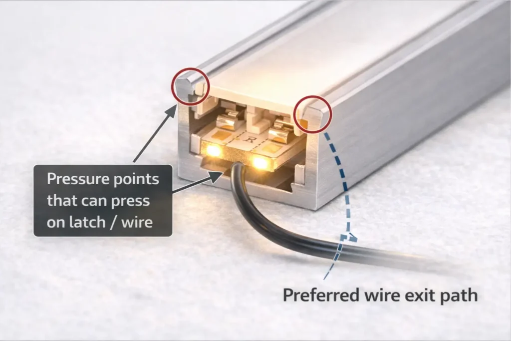 Profile/U-channel clearance schematic showing diffuser pressure points and preferred wire exit path for connectors — prompt=Cross-section schematic of an aluminum profile with diffuser; highlight pressure points that can press on a connector latch/wire and show a preferred wire exit path.