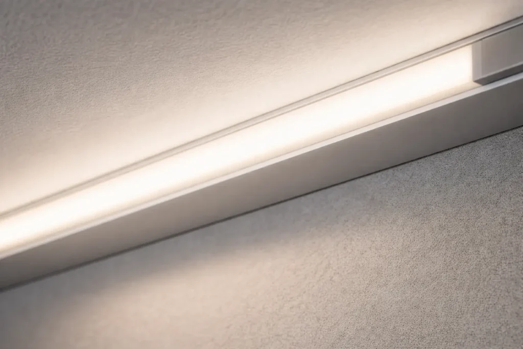 RGBW COB strip installed in an aluminum profile with diffuser; dotless effect depends on optics and viewing distance