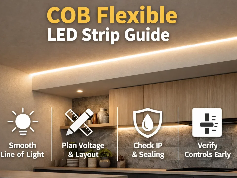 COB flexible LED strip creating a clean line of light in an architectural cove or under-cabinet installation