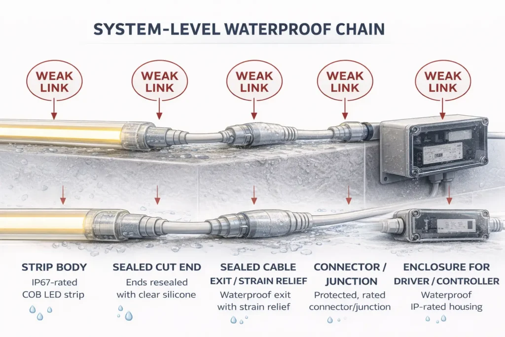 System-level waterproof chain diagram showing strip body, sealed cut end, sealed cable exit/strain relief, protected connector/junction, and enclosure for driver/controller
