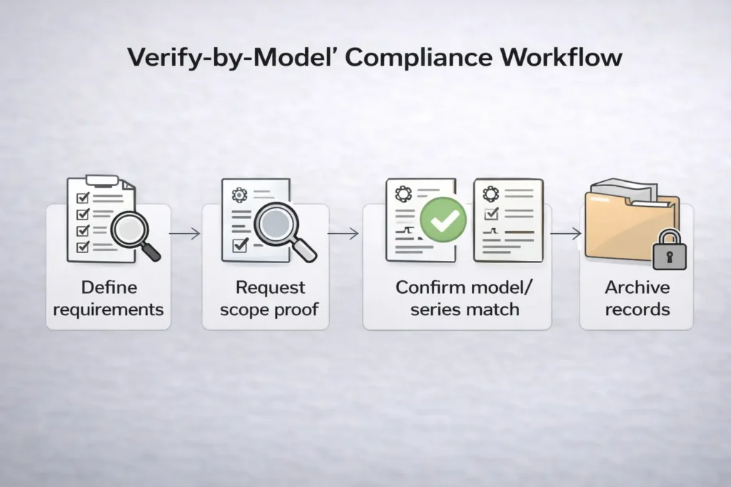 A simple “verify-by-model” compliance workflow diagram (requirements → request scope proof → confirm model/series match → archive records).