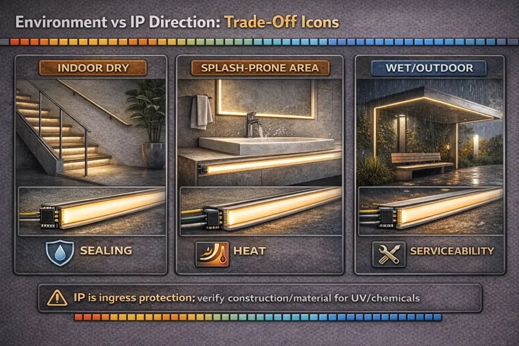 Visual showing common installation environments (indoor dry, splash zones, outdoor exposure) and the key trade-offs: sealing vs heat vs bend vs service access