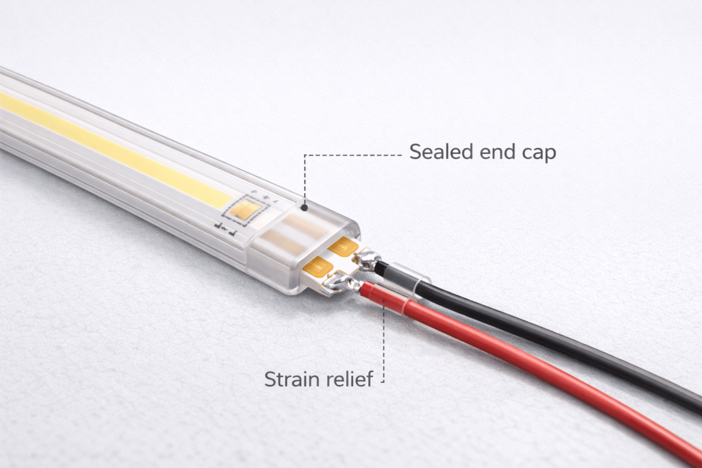 Waterproof COB LED strip cut end showing the concept of resealing and adding strain relief (construction-neutral illustration)