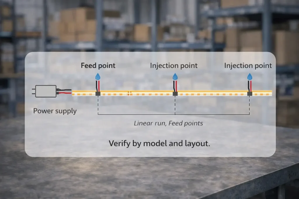 Non-numeric wiring concept diagram showing run layout, feed points, and power injection locations