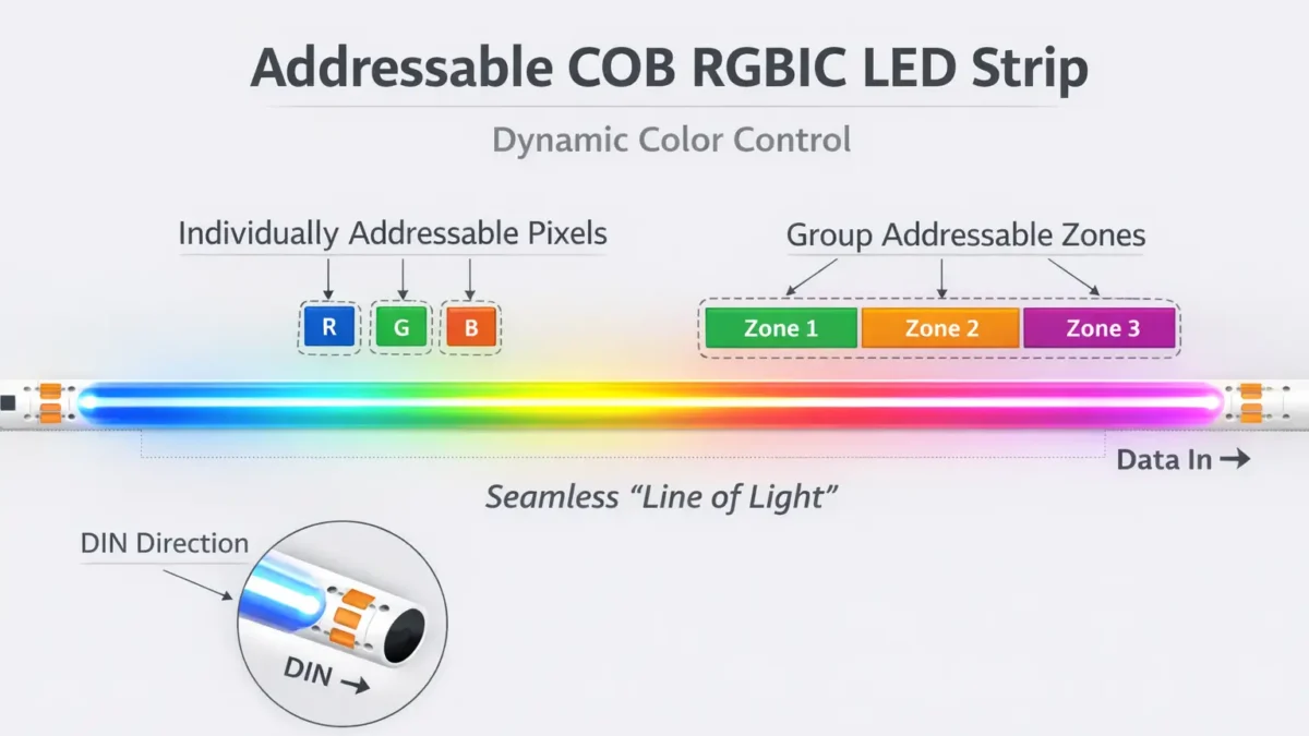 Addressable COB (RGBIC) LED strip concept showing a dotless line of light and individually- or group-addressable pixel control