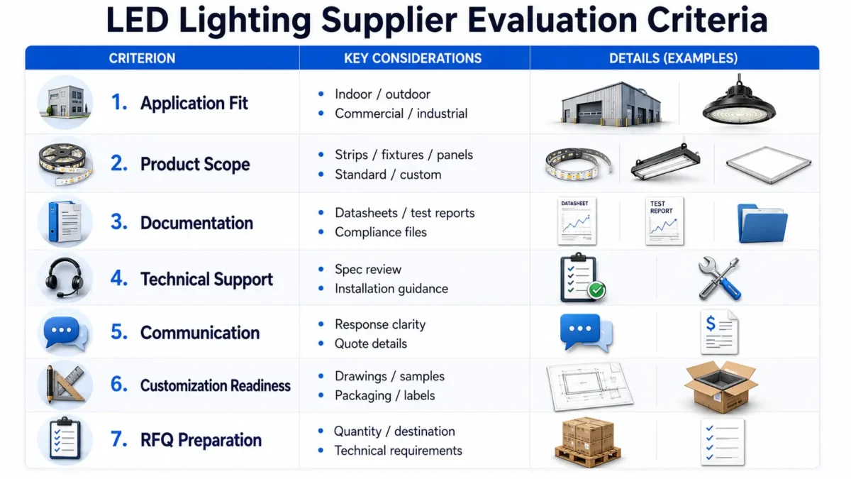 Buyer comparing LED lighting supplier criteria