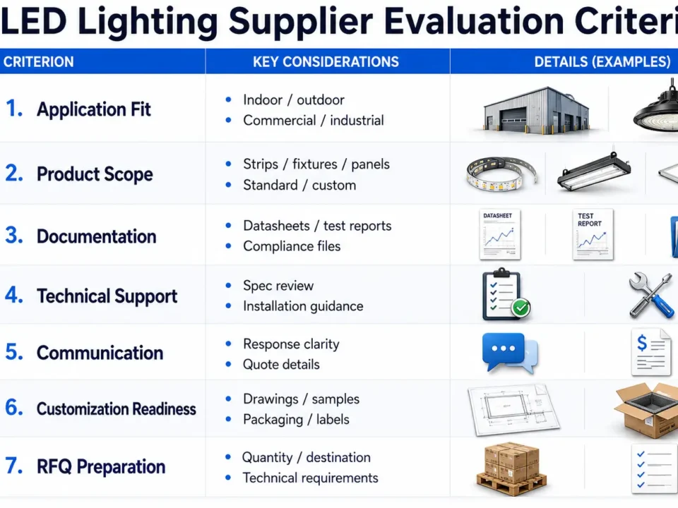 Buyer comparing LED lighting supplier criteria