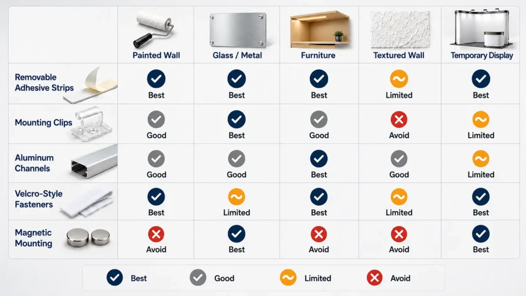 Comparison table of LED strip mounting methods for different wall surfaces 