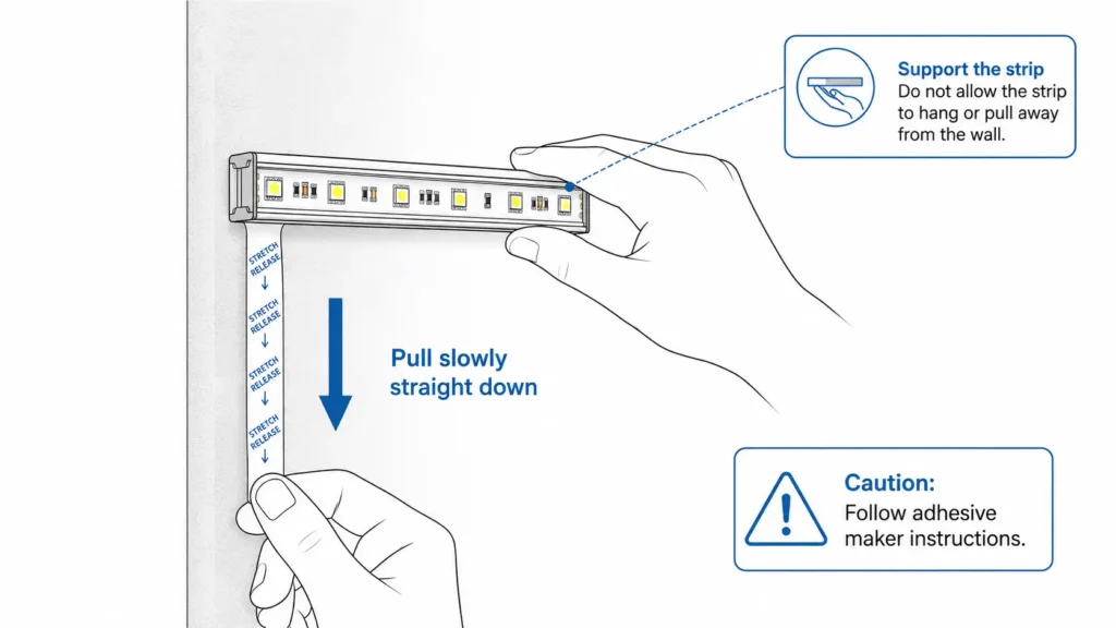 Diagram showing slow downward removal of adhesive strip from wall 