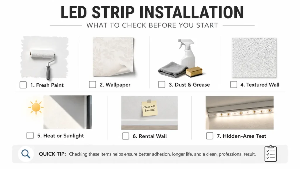 Checklist for checking wall paint and surface condition before LED strip installation 
